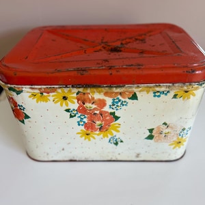 Vintage Floral Tin Bread Box Red Lid – Cottagecore Farmhouse Storage, Rustic Kitchen Decor, Shabby Chic Trinket Organizer