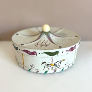 Vintage Carousel Tin Box with Lid – Cartwright Metal Container with Horses – Round Storage