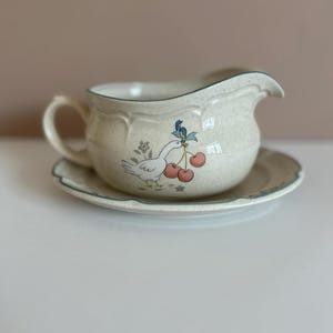 Vintage Marmalade Collection Gravy Boat with Underplate: Goose & Cherries Farmhouse Decor