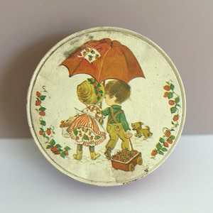 Scatola di latta vintage per bambini con fragole • Scatola di latta rotonda retrò • Scatola di latta decorativa da collezione