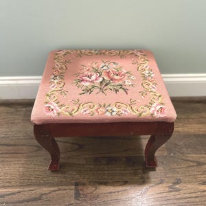 Vintage Needlepoint Footstool with Floral Tapestry – Small Upholstered Wooden Stool, Cottagecore Accent