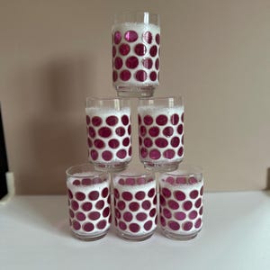 Vintage Pink Polka‐Dot Frosted Glass Tumbler Set • 6 Mid-Century Barware Glasses • Retro Drinkware