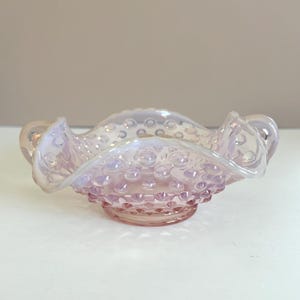 Fenton Pink Opalescent Hobnail Bon Bon Dish with Handles – Vintage Iridescent Glass Candy Bowl