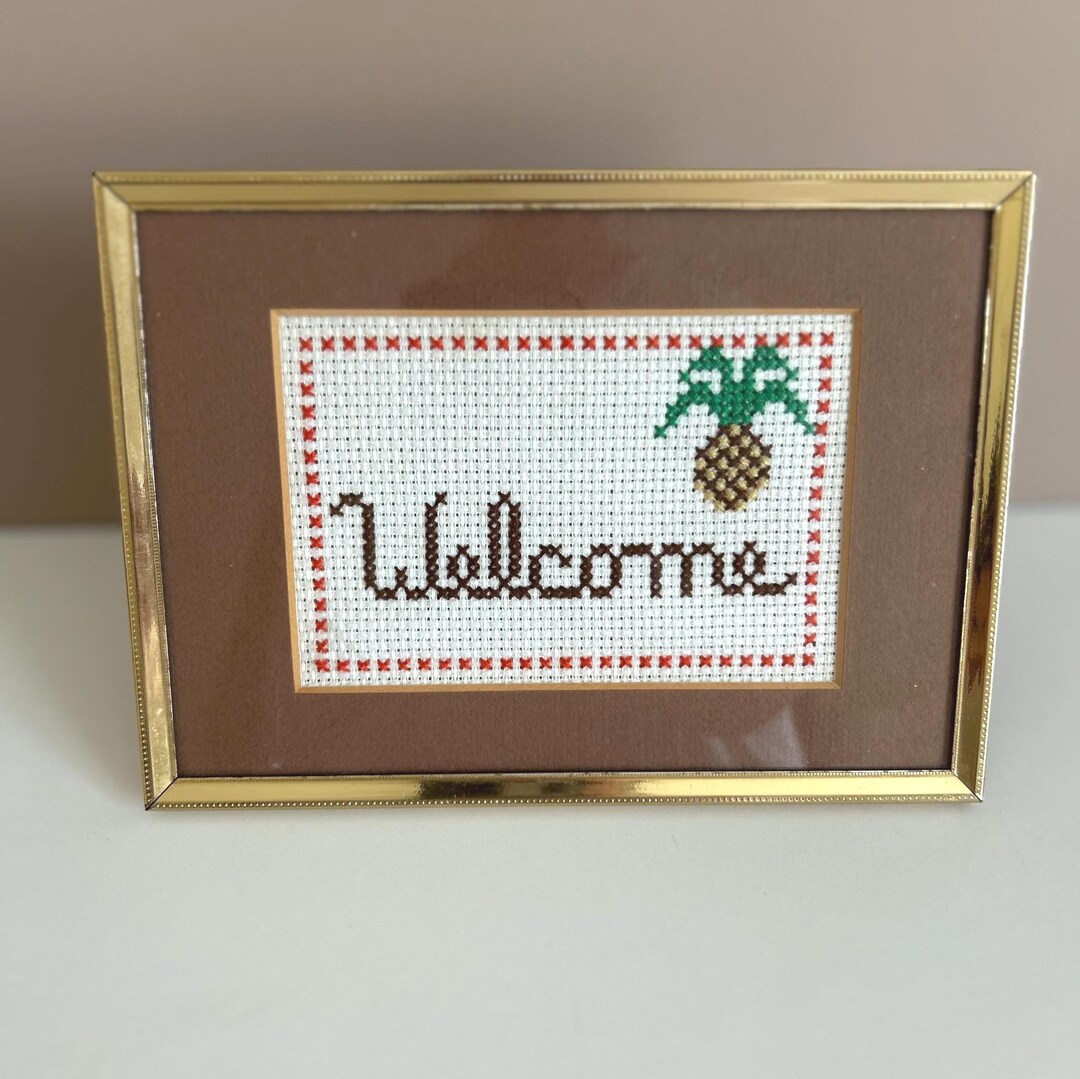 Vintage Pineapple “welcome” Cross-stitch Sign | 1980s Framed ...