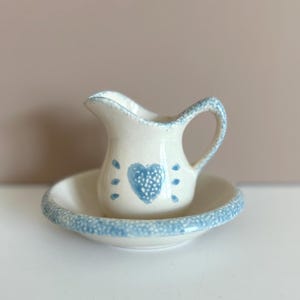 Vintage Blue Heart Creamer & Bowl Set – Cottage Farmhouse Kitchen Decor – Mini Porcelain Pitcher and Dish