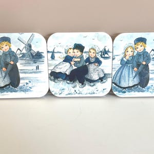 Vintage Dutch Children Coaster Set – Blue Windmill Scene Wood Coasters – Holland Folk Art Drink Coasters