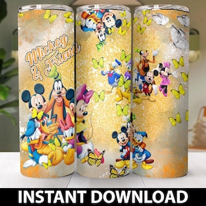 Mickey Friends Butterfly Pattern Skinny Tumbler PNG, Dlsney Mickey Goofy Donald Minnie Tumbler, Cartoon Tumbler Wrap Png Instant Download