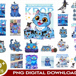 Puede incluir: Una colección de archivos PNG digitales con gatos azules de dibujos animados en varias poses y expresiones. Algunos gatos tienen pájaros en la cabeza. El texto incluye "DERPY", "DEMON HUNTERS" y "KPOP". La imagen también indica "30+ FILES" y "PNG DIGITAL DOWNLOAD".