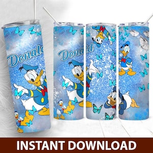 Donald Duck Butterfly Pattern Skinny Tumbler PNG, Dlsney Donald Duck Tumbler, Cartoon Tumbler Wrap Sublimation Png Instant Download