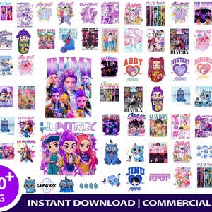 May include: A collection of over 200 PNG digital graphics featuring various designs, including cartoon characters, text, and logos. The color palette includes shades of purple, blue, pink, and white. The graphics are labeled "INSTANT DOWNLOAD | COMMERCIAL USE."