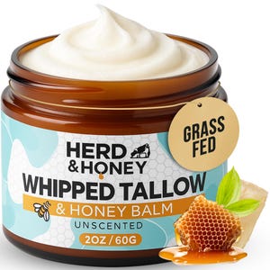 Tallow and Honey Balm for Face and Body, Beef Tallow for Skin, Unscented, Fast Absorbing, Non-greasy Whipped Tallow Balm, 2oz