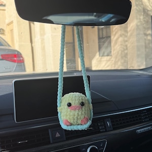 Cute Handmade Swinging Duck, Crochet Plush, Hanging Ornament, Adorable Room Decor, Car Mirror Accessory