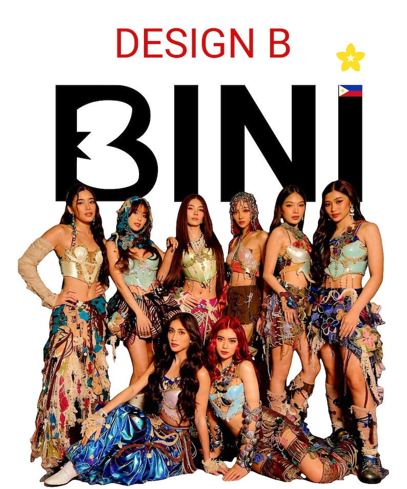 May include: A group of eight individuals wearing elaborate, textured outfits with layered fabrics, metallic accents, and intricate embellishments. The text DESIGN B and BINI appear in large black letters above the group, with a yellow flower and flag icon.