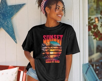 Sunset State of Mind Grafik T-Shirt, Retro Palme Strand Urlaub Shirt Unisex