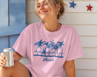 Maui Palm Tree Sailboat Graphic Shirt, Acid Wash Beach Vacation Tee