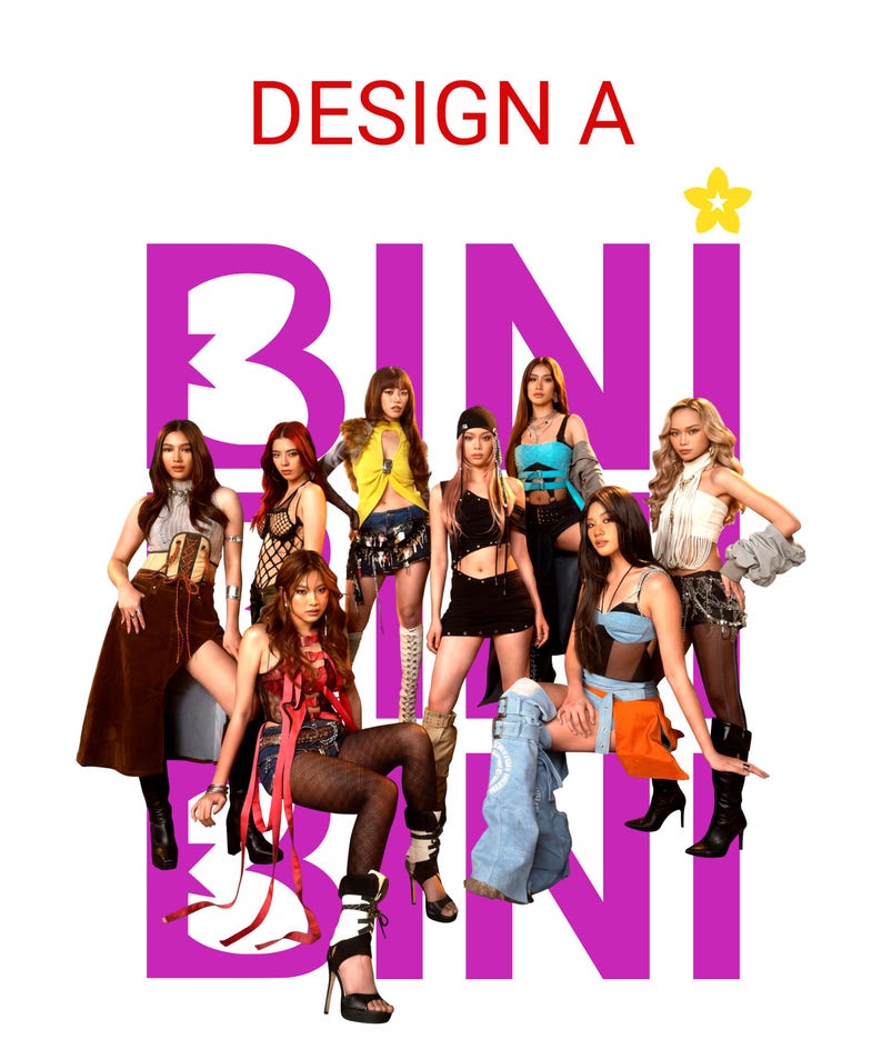 May include: A group of eight individuals posing in diverse fashion outfits against a white background with large purple text reading BINI and the red text DESIGN A at the top. A small yellow flower icon is positioned above the purple text.