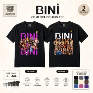 May include: Two black short-sleeve t-shirts featuring the text BINI and a group photograph of eight individuals. The left shirt has magenta text and a yellow star, while the right shirt has white text and a yellow star. Includes size range S-3XL.