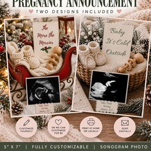 Weihnachts-Schwangerschaftsankündigungsvorlage, weihnachtliche Baby-Enthüllung, winterliche druckbare Karte, digitale Ultraschallbild-Ankündigung