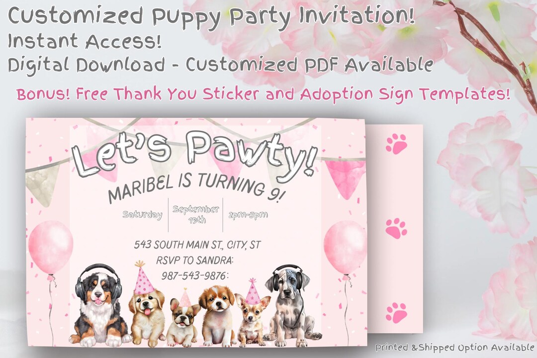 Puppy Birthday Party Invitation Customizable Pawty Adoption Stationary ...