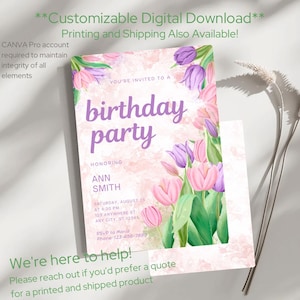 Invito per festa di compleanno primaverile / Invito femminile estivo con tulipani pastello / PDF personalizzato disponibile / DOWNLOAD DIGITALE / Stampa disponibile