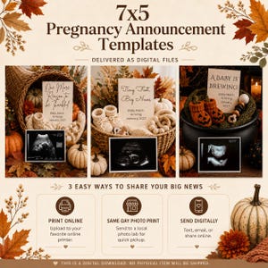 May include: A set of 7x5 pregnancy announcement templates featuring autumn-themed displays with pumpkins, fall leaves, baby booties, and ultrasound images. The text includes phrases like One More Reason to be Thankful, Tiny Feet, Big News, and A Baby is Brewing.