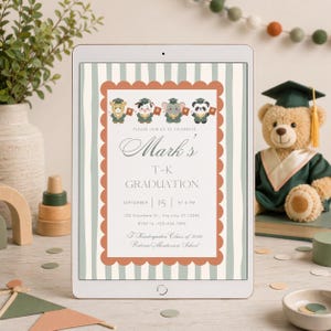 May include: A digital tablet displays a graduation announcement. The invitation features animal illustrations, the text "Mark's T-K Graduation," and event details. The background has a striped pattern with a scalloped border.