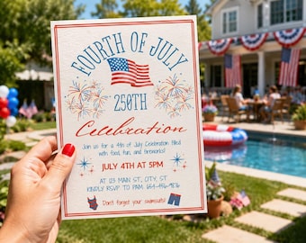 May include: A Fourth of July invitation with red, white, and blue accents. The invitation features the text "Fourth of July 250th Celebration" with an American flag graphic and fireworks illustrations. The invitation includes details for a celebration at 5 PM.