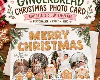 May include: A rectangular Christmas photo card template featuring the text Merry Christmas in gingerbread-style lettering. The card includes three arched photo frames, illustrations of gingerbread houses, and the text Love John, Kim, Max, & Dixie.