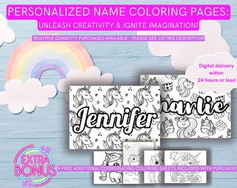 Custom Unicorn Name Coloring Pages Birthday Activity Party Favor Printable