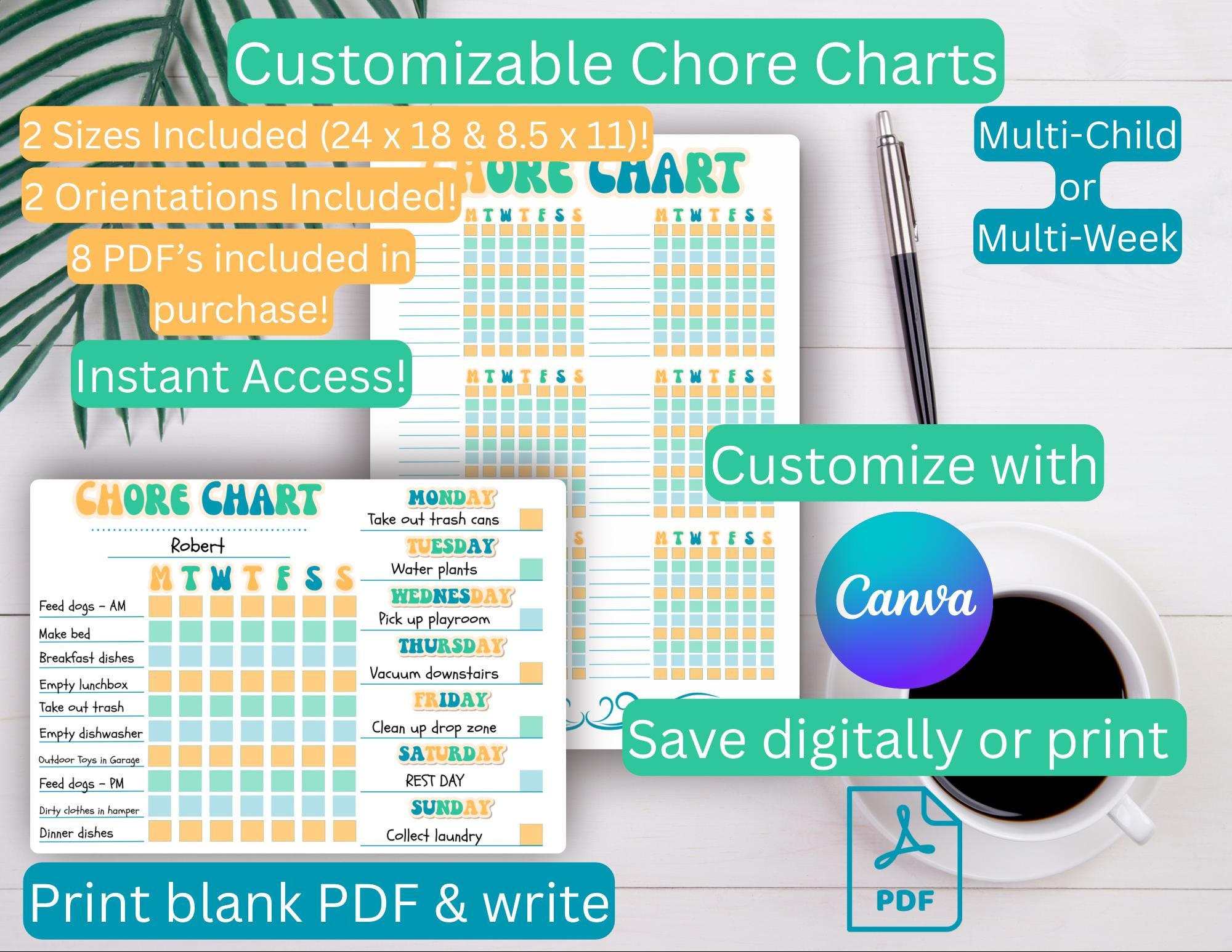 Chore Task Graph Editable Chore Chart Checklist Daily To-do Weekly Task Habit Chart ...