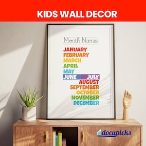 Afdrukbare poster maanden van het jaar – regenboog maandnamentabel – educatieve kinderkamer kunst aan de muur voor kinderkamer, kleuterschool, klas