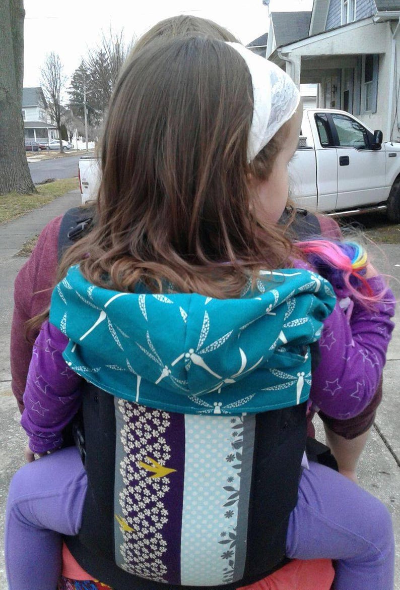 May include: A teal baby carrier with a dragonfly pattern on the hood. The carrier has a black base with decorative panels in purple, light blue, and gray. The child is wearing a purple shirt with star patterns.