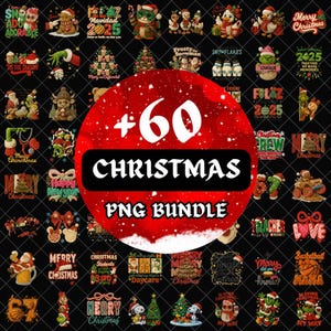 Puede incluir: Un conjunto de 60 gráficos PNG con temática navideña. Las imágenes presentan varios elementos festivos, incluyendo a Papá Noel, muñecos de nieve, árboles de Navidad y texto festivo. El elemento central del diseño es un gran círculo rojo con el texto "CHRISTMAS PNG BUNDLE".