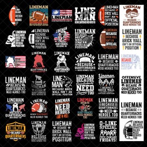 Puede incluir: Una colección de diseños gráficos en blanco y negro con temas de fútbol americano. Los diseños incluyen balones de fútbol, cascos y la palabra "Lineman" con frases como "Because Quarterbacks Need Heroes Too."