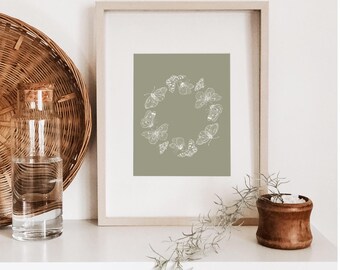 Schmetterlingskranz, Linie gezeichnete Schmetterlinge Kunst, kleine Mädchen Raumdekor, grüner Schmetterling Kunst, Vintage Schmetterling Kunstdruck, Kinderzimmerdekor