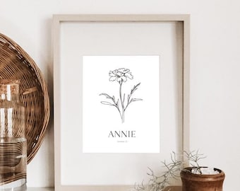Birth Month Flower Wall Art, October Birth Flower print, Personalized Birth Flower, Nursery Wall Art, Name and Birth Flower, Marigold Flower