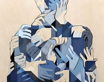 Abstract Composition of Hands and Geometric Shapes in Blue and White on a Beige Background