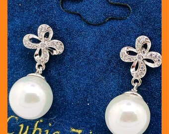 Vintage 1990s Cubic Zirconia Faux Pearl Drop Earrings Silver Tone Bow Floral New