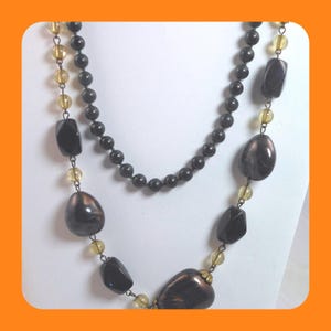 Vintage 2 Pc Beaded Necklace Set Black Amber Brown Chunky Statement Layering