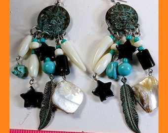 Boho Southwestern Verdigris Turquoise Mother of Pearl Star Feather Earrings
