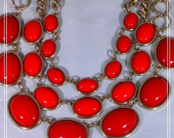 Vintage Red Statement Bib Necklace Gold Tone Triple Layer Chunky Oval Cabochon