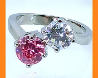 Vintage Toi et Moi 2 CT Pink and Clear Round Cut Bypass Ring Silver Tone Size 10