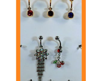 Set of 5 Navel Belly Button Rings Gold Silver Tone Floral Cherry Tassel Crystal