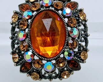 Vintage 1990s Amber Rhinestone Filigree Adjustable Statement Cocktail Ring