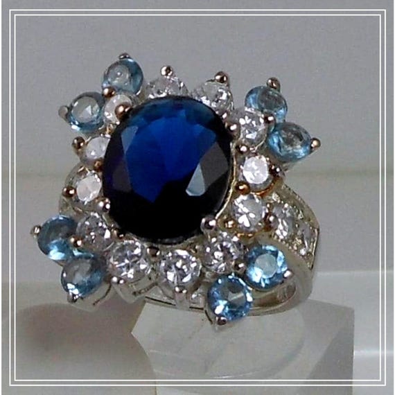 Sterling Silver Cocktail Ring Simulated Diamond S… - image 1