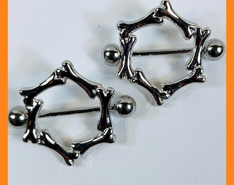Vintage 90s 316L Surgical Steel 14G Bone Nipple Shields Pair Silver Hexagon New