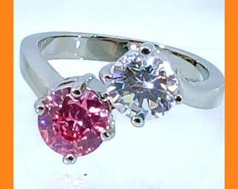 Vintage Toi et Moi 2.0ct Pink and Clear Round Cut Bypass Ring Silver Tone Size 7