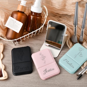Espejo de maquillaje personalizado, espejo de bolsillo grabado con nombre y logotipo personalizados, regalo de dama de honor, espejo de maquillaje plegable, espejo de maquillaje de viaje