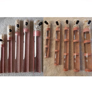 May include: A collection of clear glass tubes, each with a pink band and a black stopper. The tubes are filled with a reddish-brown substance and small pebbles. The tubes vary in size and are arranged on a textured surface.