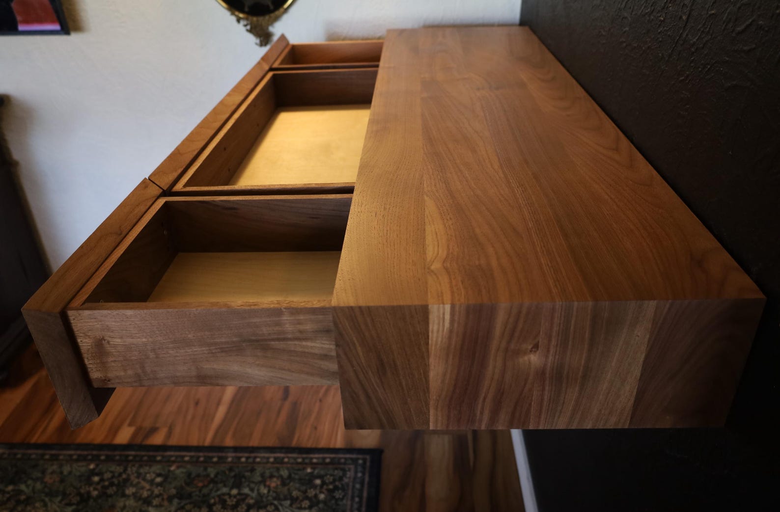 Floating Walnut Drawer Unit With Integrated Desk | Grain-wrapped | Soft ...